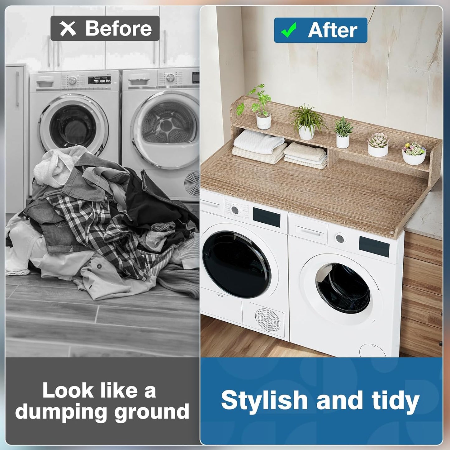 Washer Dryer Countertop with Shelf 27.5" W x 54" L x 12" H Laundry Room Countertop for Washer and Dryer with Edge Rails, Oak