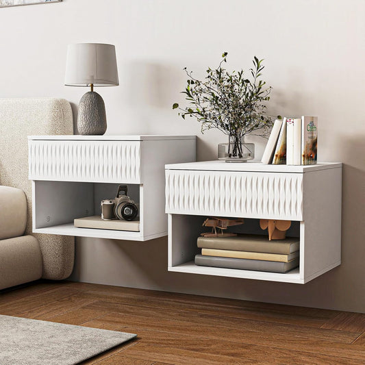 Vibe & Dine Floating Nightstand Set of 2, Wall Mounted Night Stand with Spiral Pattern Design, Modern Bedside Tables with Drawers for Bedroom, Easy Assembly, White
