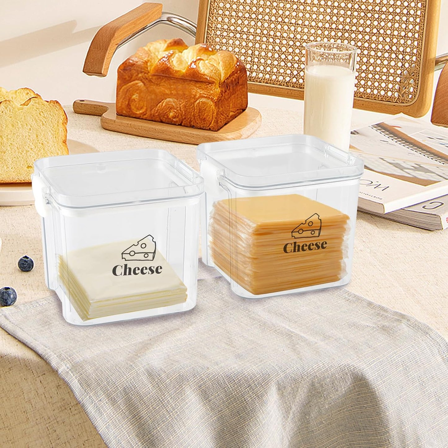 2 Pack Cheese Container for Refrigerator Airtight Creamer Container with and Lid Cream Cheese Sliced Cheese Box Cheese Saver for Fridge Keeper Cream Block Shredded Cheese Storage Box Clear