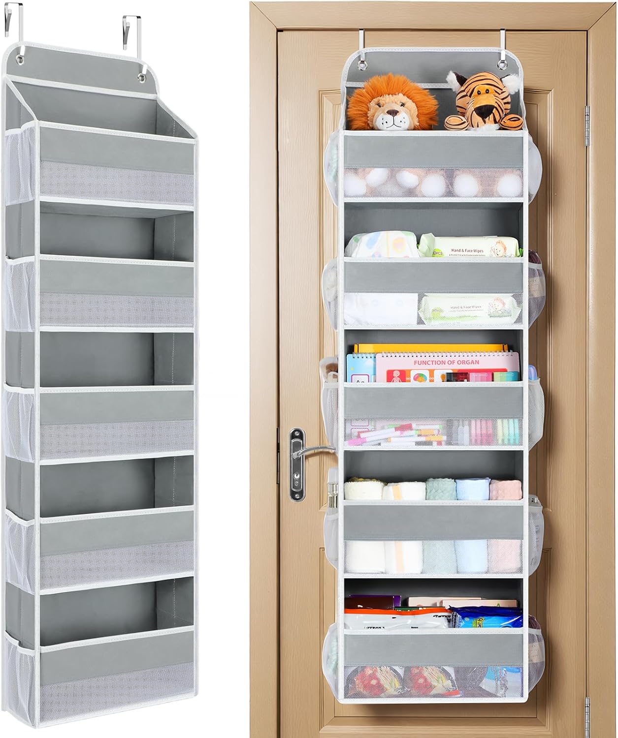 Yecaye Over The Door Organizer Storage, 5-Tier Heavy Duty Door Organizers Hanging with 10 Side Mesh Pockets, 44 lbs Load Capacity Behind Door Storage for Bathroom Nursery Bedroom Dorm Closet, Grey