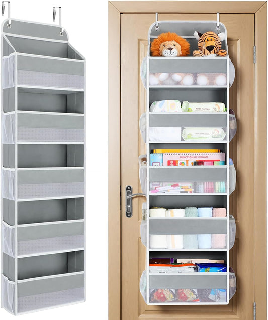 Yecaye Over The Door Organizer Storage, 5-Tier Heavy Duty Door Organizers Hanging with 10 Side Mesh Pockets, 44 lbs Load Capacity Behind Door Storage for Bathroom Nursery Bedroom Dorm Closet, Grey