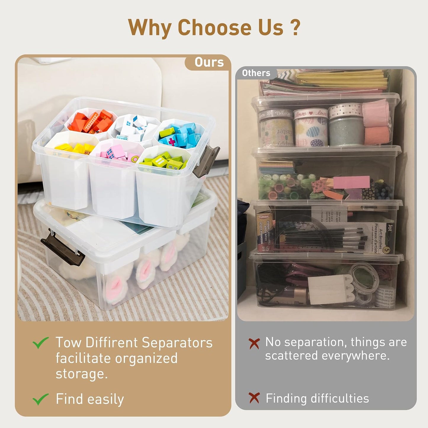 Citylife 17 QT Plastic Storage Box with Removable Tray and 6 Detachable Tall Inserts Craft Organizers and Storage Clear Storage Container for Organizing Crayon, Craft, Sewing, Playdoh, 2 Packs