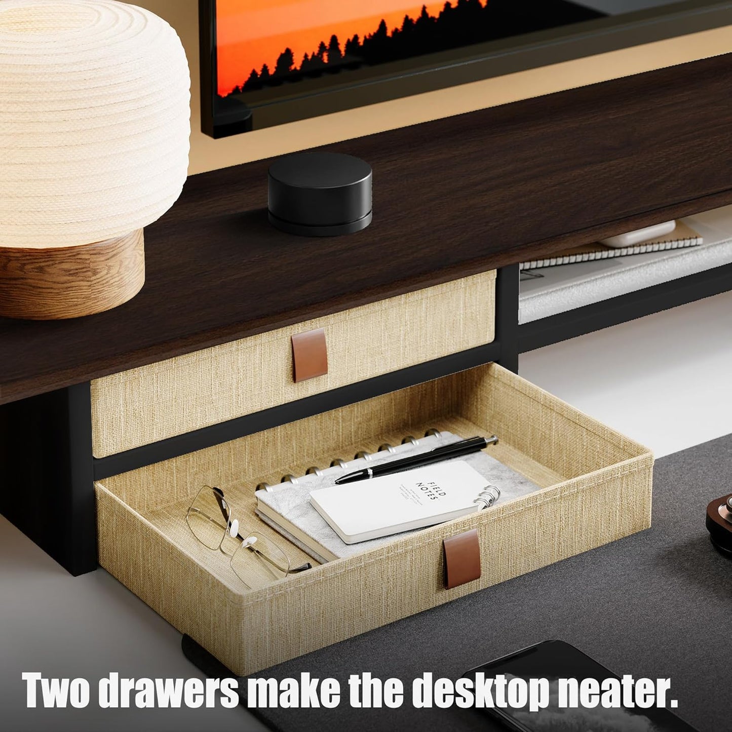 Dual‑Tier Monitor Stand Riser with Drawers, Desktop Organizer Shelf Storage for Computer Screen 2 Monitors, Supports for PC Computer Monitor, Printer, Heavy TV Riser Brown and Black