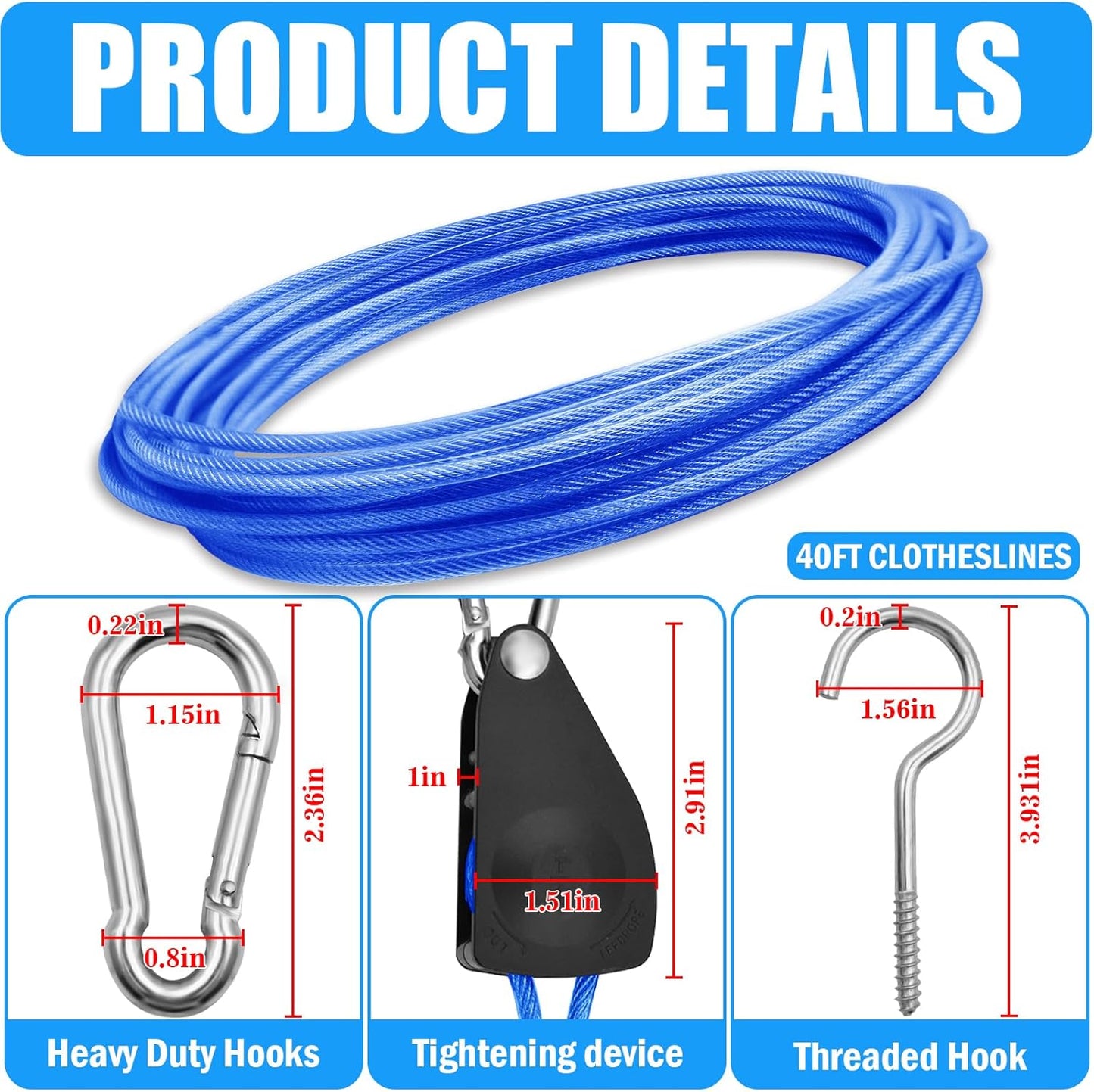 40ft Clothes Line Outdoors 3/16" Wire Ropes Blue PVC Coating Laundry Drying Clothesline Retractor with Metal Hooks Heavy Duty for Umbrella Travel Outside Camping Backyard