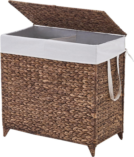 Laundry Hamper with Lid and Removable Liner Bag, Handwoven Natural Hyacinth Clothes Hamper with Heightened Feet, Wicker Laundry Basket for Clothes and Towels，Large, 2-sections