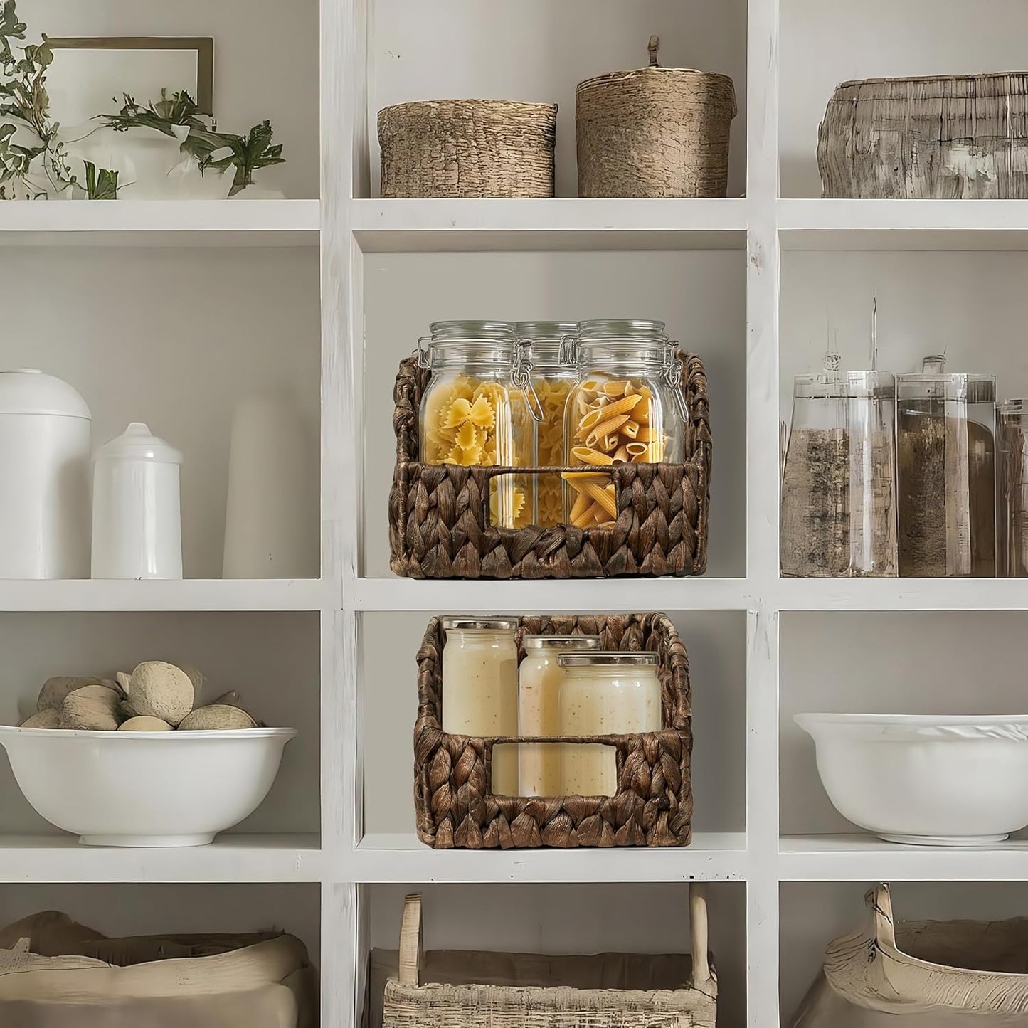 Casafield Set of 2 Water Hyacinth Pantry Baskets with Handles - Espresso, Woven Storage Bin Organizers for Kitchen Shelves, Medium and Large Sizes
