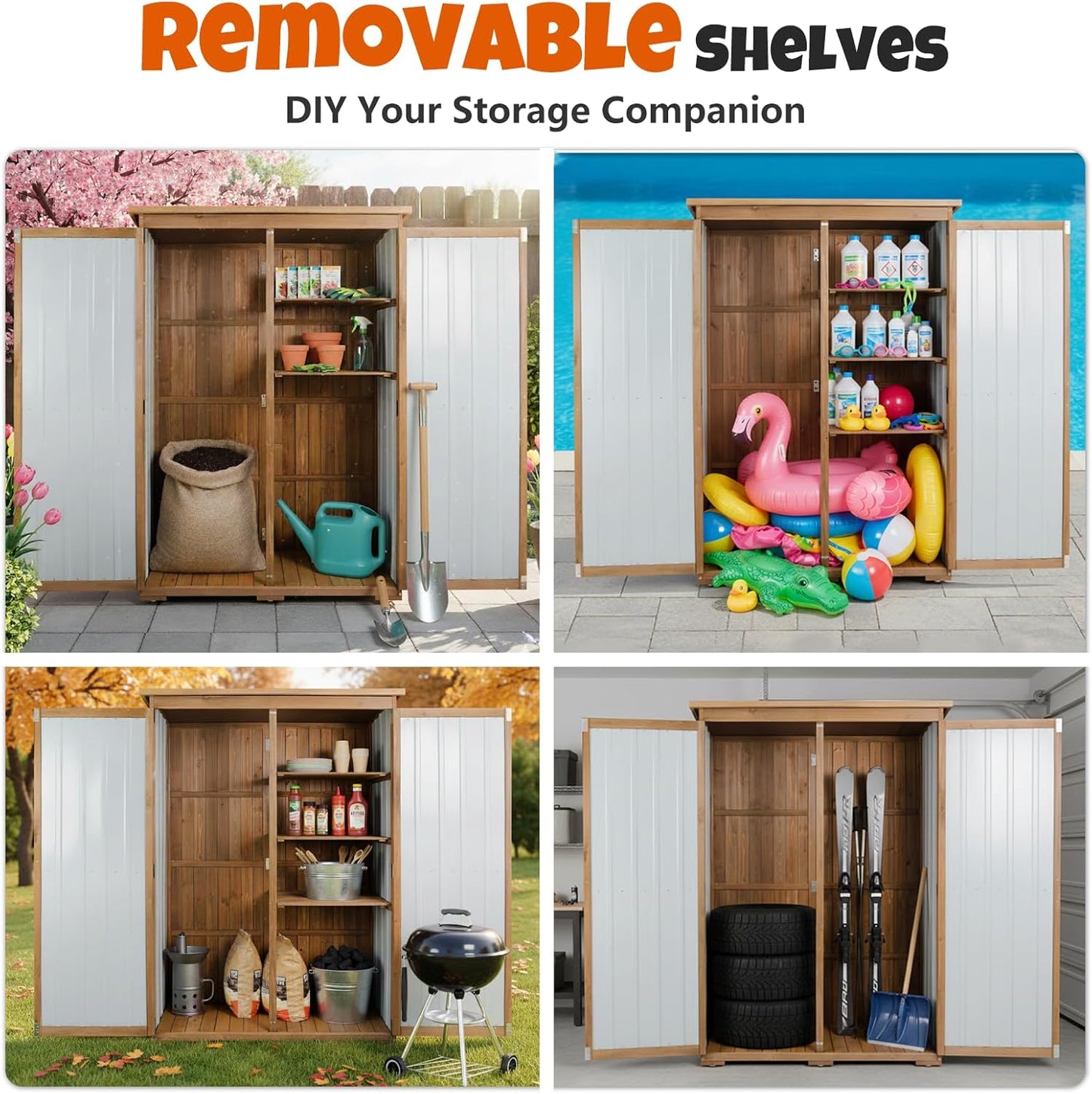Outdoor Storage Cabinet with Shelves, Wood & Metal Storage Shed with Weatherproof Roof, 3 Removable Shelves, Lockable Doors, Adjustable Feet, Outside Storage Cabinet for Garage, Patio, Backyard