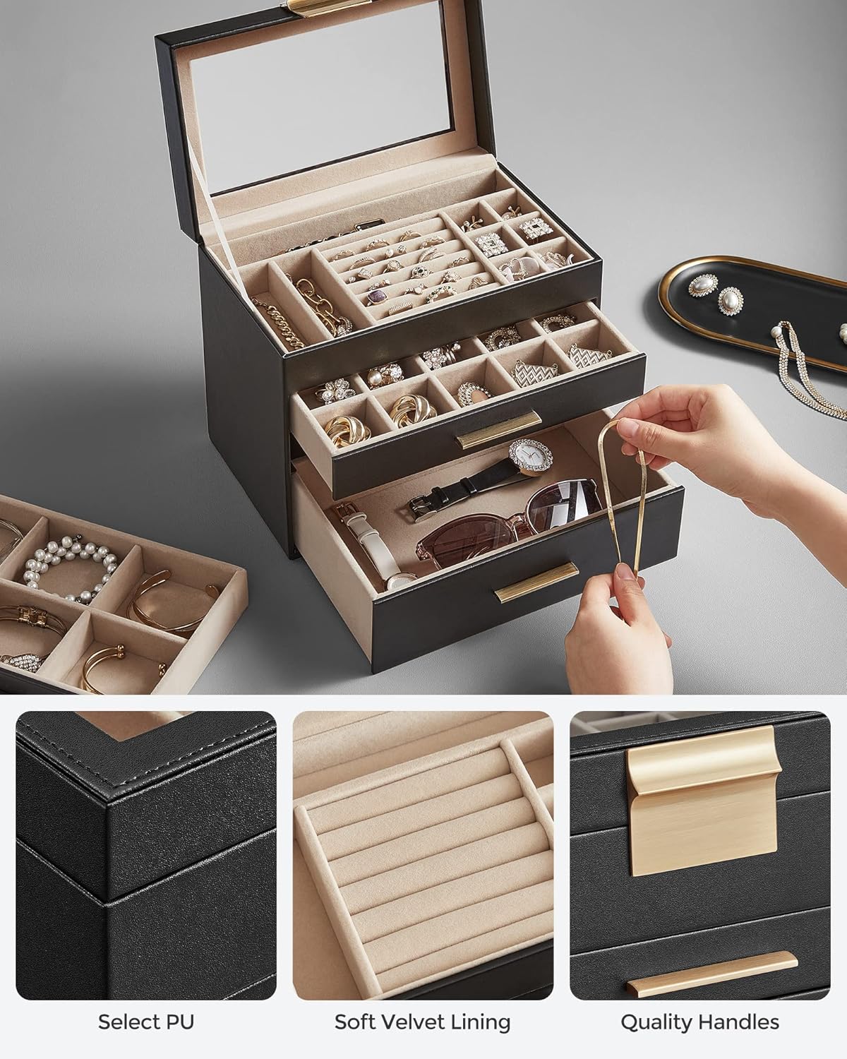 SONGMICS Jewelry Box Organizer with Glass Lid, 4-Layer Jewelry Storage, with 3 Drawers, Modern Style, Christmas Gift, 6 x 9.9 x 8.5 Inches, Graphite Black and Gold Color UJBC161B02