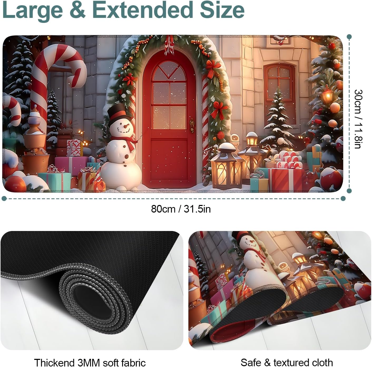 Christmas Scene Gaming Mouse Pad 31.5"x11.8"Desk Mat Anti-Slip Rubber Base & Durable Stitched Edges for Gamers Smooth Mouse Writing Surface for Desk Office/Home