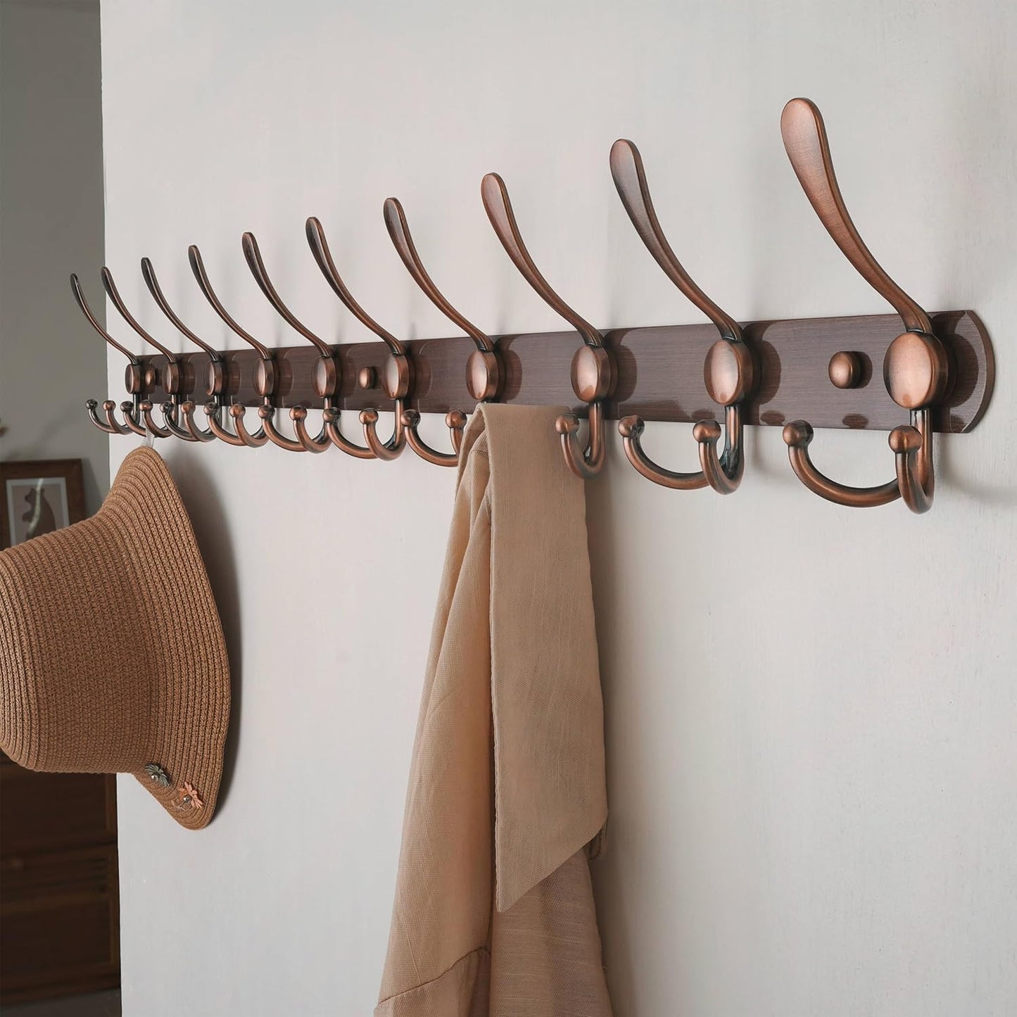 Dseap Coat Rack Wall Mount - 38” Long 10-Tri-Hooks Heavy Duty Coat Hanger Rail Wall Hooks for Hanging Coats Hats Clothing Clothes Purse Mudroom Entryway, Antique Copper, Pack of 2