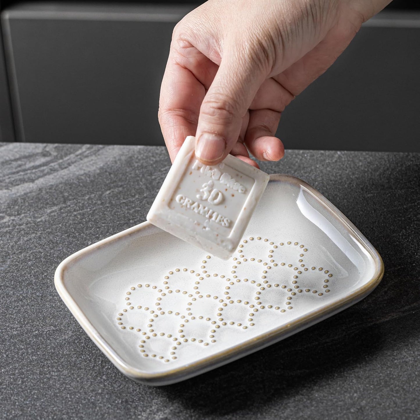 Gomakren Soap Dish for Shower, Christmas Ceramic Soap Dishes for Bar Soap Sponge, Shower Soap Holder Saver Tray for Bathroom Kitchen Sink, Easy to Clean, Beige