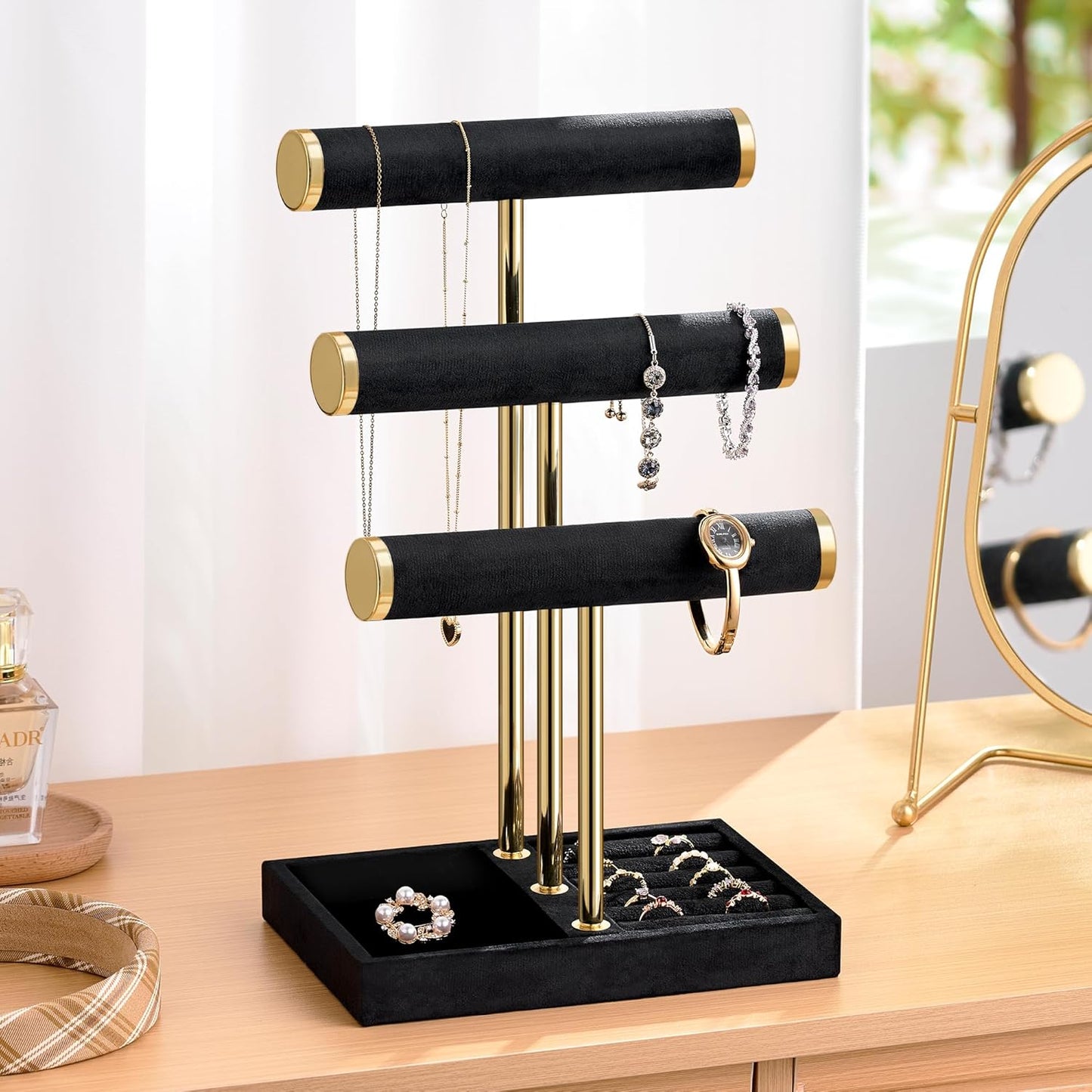 Bracelet Holder Jewelry Organizer Display - 3 Tier T Bar Velvet Stand, Black Jewelry Storage for Bracelet, Necklaces, Earrings, Watches