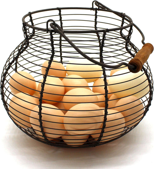 CVHOMEDECO. Antique Wire Egg Basket with Wood Handle Primitives Vintage Gathering Basket. Rusty