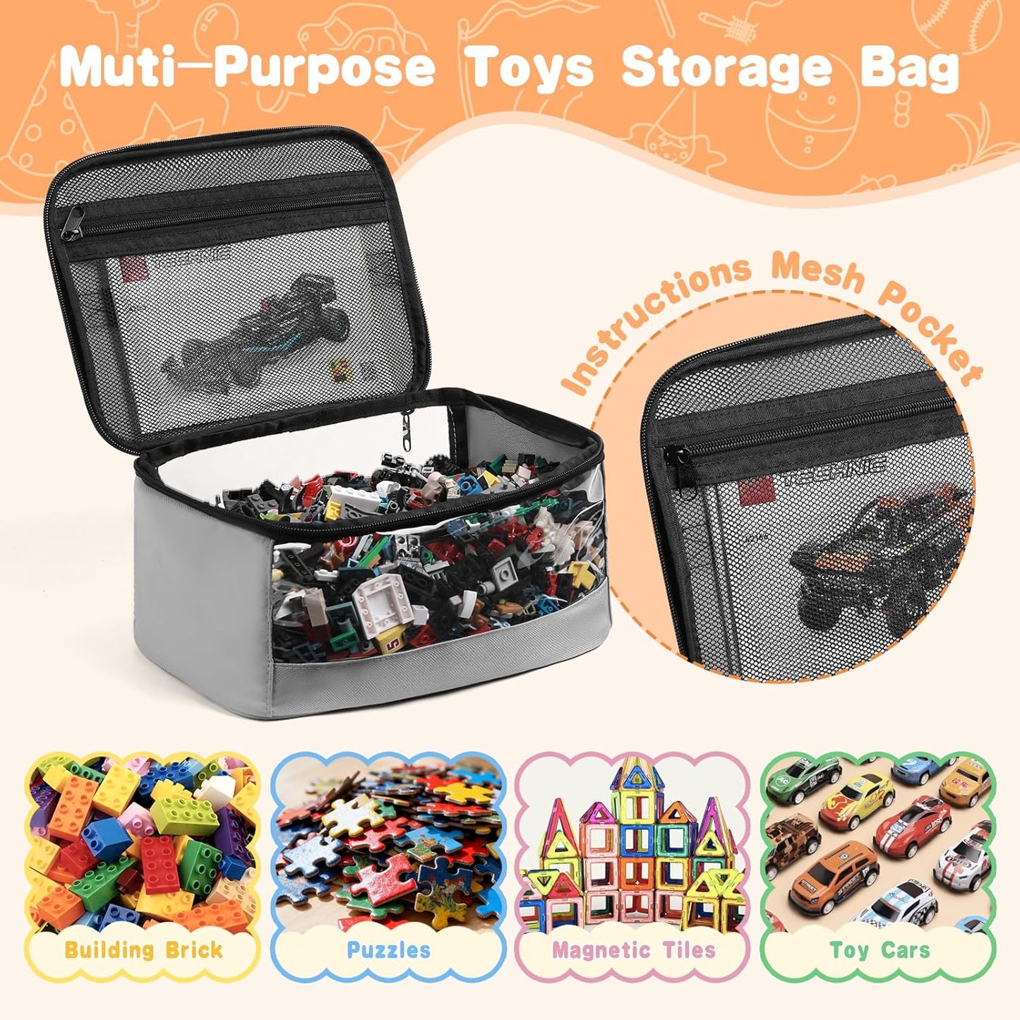 4 PCS Toy Storage Bags, Transparent PVC Toy Organizer Bag with Manual Pocket for Classic Building Bricks, Puzzles,Toy Cars, Large Size, Grey