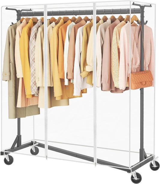 Hoctieon Z Clothes Rack with Cover, Metal Heavy Duty Clothing Rack, Rolling Garment Rack with Wheels, with Dustproof Cover Waterproof Protector, with 2 Durable Zippers, for Hanging Clothes, Black