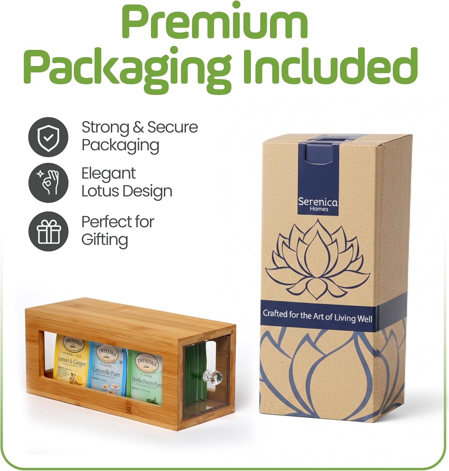 Bamboo and Acrylic Drawer Tea Bag Holder- Durable & Elegant Tea Bag Storage Holder for Kitchen Countertop, Space-Saving Tea Drawer Organizer