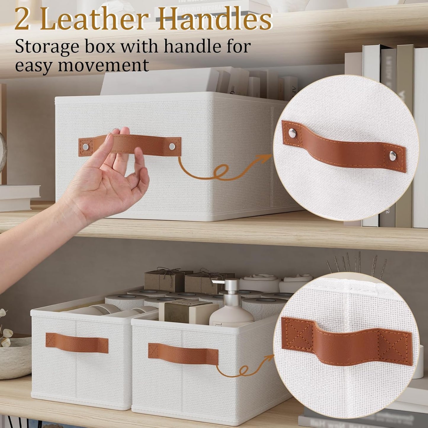 OUTBROS Storage Boxes, Fabric Bins With Handles, Foldable Baskets for Organizing, For bedrooms, living rooms, Shelves, White, 15 x 6.1 x 5.1 inch, 6-Pack