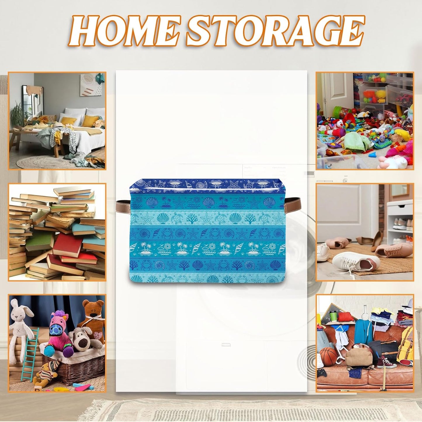Rectangle Blue Ocean Nursery Storage Basket, Collapsible Storage Box Bin with Handles for Toy, Storage Basket for Friend, Laundry Organizer for Room, Gifts for Chritsmas Thanksgiving 14.9x11x9.4in