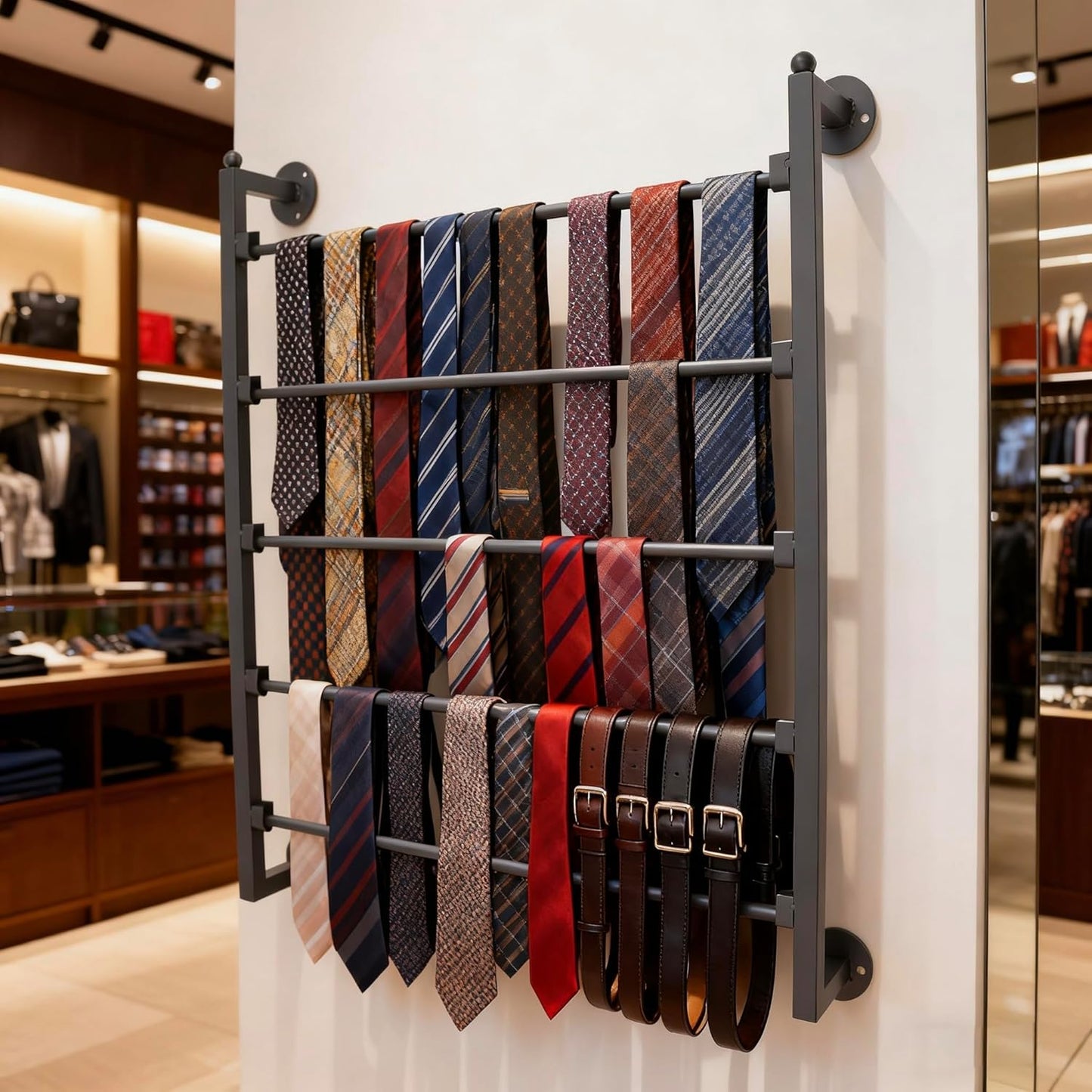 5 Tiers Display Tie & Scarf Rack, Wall Mounted Ribbon Rack Organizer Holder for Wrapping Paper Scarf Tie Belt Towel Pants, Scarves Hijab Stand for Retail Store,Home,Craft Room,Florist, Bedroom