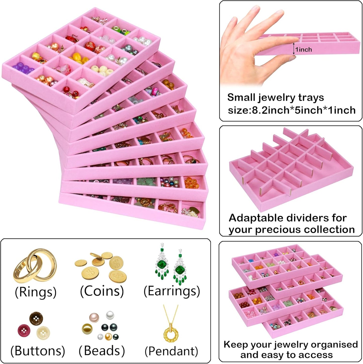 8 Pack Jewelry Organizer Tray, Stackable Velvet Jewelry Storage Box 18-grid Earring Holder Dresser Drawer Organizer for Earring Necklace Ring, Total 144 Grids