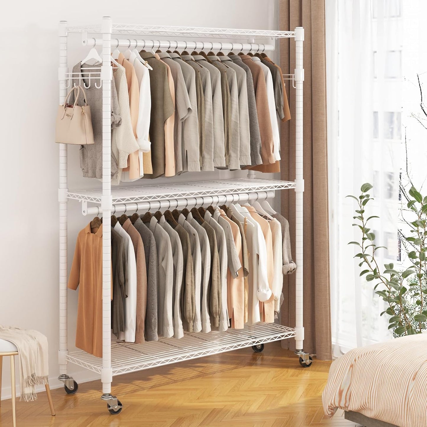 BATHWA Heavy Duty Garment Rack on Wheels, Rolling Clothes Racks for hanging clothes, Modern Closet Wardrobe Clothing Rack with 8 Side Hangers, White