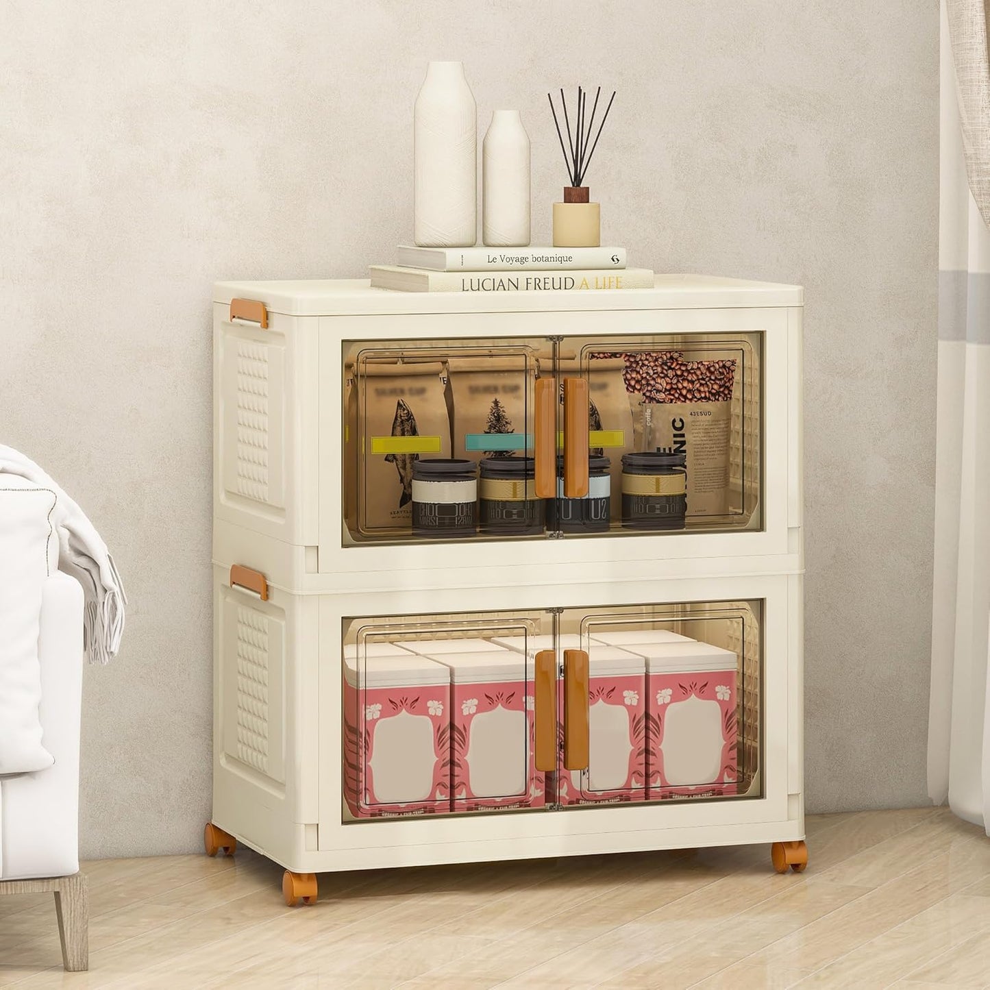 Plastic Stackable Storage Bins with Lids and Wheels, Foldable Closet Organizers and Storage Containers, Collapsible Clear Drawer Storage Cabinet with Doors Ivory White 179.2 QT