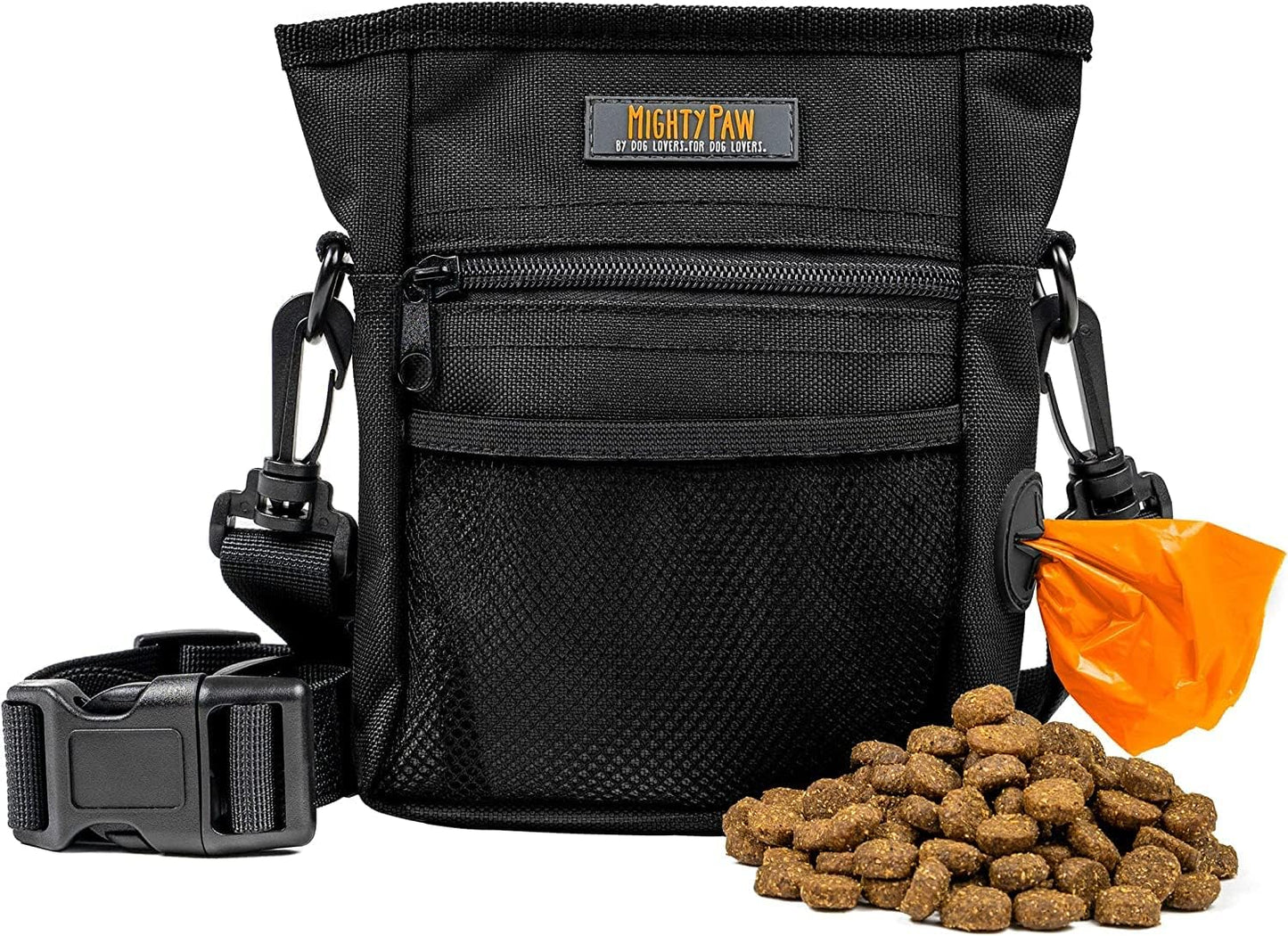 Mighty Paw Dog Treat Pouch | No Spill Magenetic Clasp - Hands-Free Pouches for Training - Pets Training Treat Pouches for Dog Walks - Pet Bags Pouch - Built in Poop Bag Holder - Black