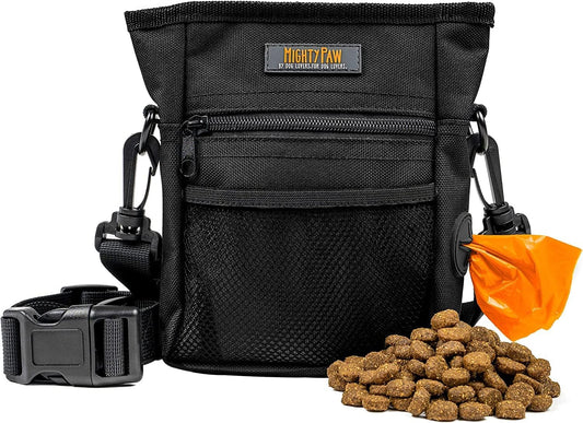 Mighty Paw Dog Treat Pouch | No Spill Magenetic Clasp - Hands-Free Pouches for Training - Pets Training Treat Pouches for Dog Walks - Pet Bags Pouch - Built in Poop Bag Holder - Black