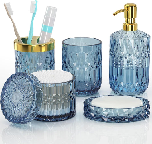 Blue Bathroom Accessories 5 Pcs, Glass Bathroom Accessory Set, Vintage Blue Bathroom Set, Soap Dispenser and Toothbrush Holder Set, Qtip Holder, Bathroom Sets Complete, Modern Bathroom Decor