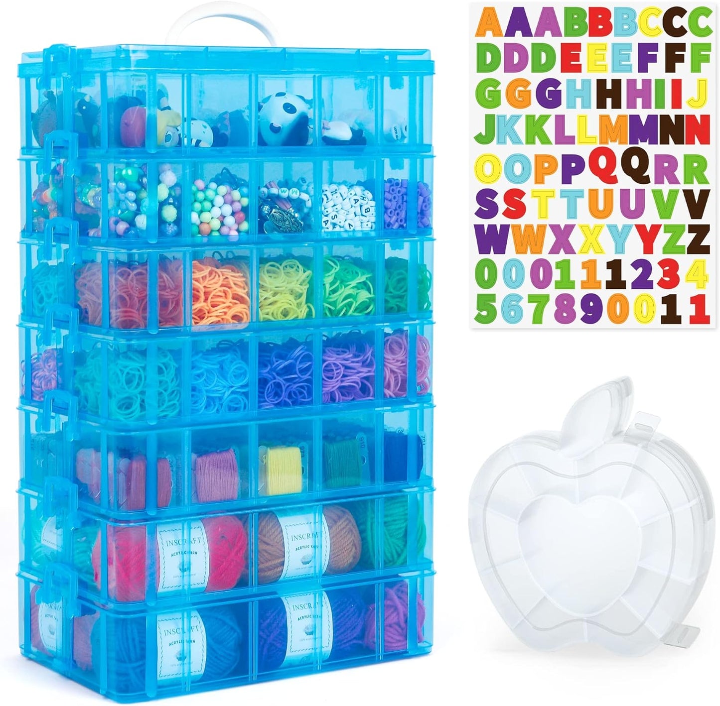 INSCRAFT 7 Layers Stackable Storage Container, 70 Adjustable Compartments (Blue) Stackable Storage Container, Perfect for Kids Toys, Art Crafts, Jewelry, Supplies, Mini Case & Letter Sticker Included