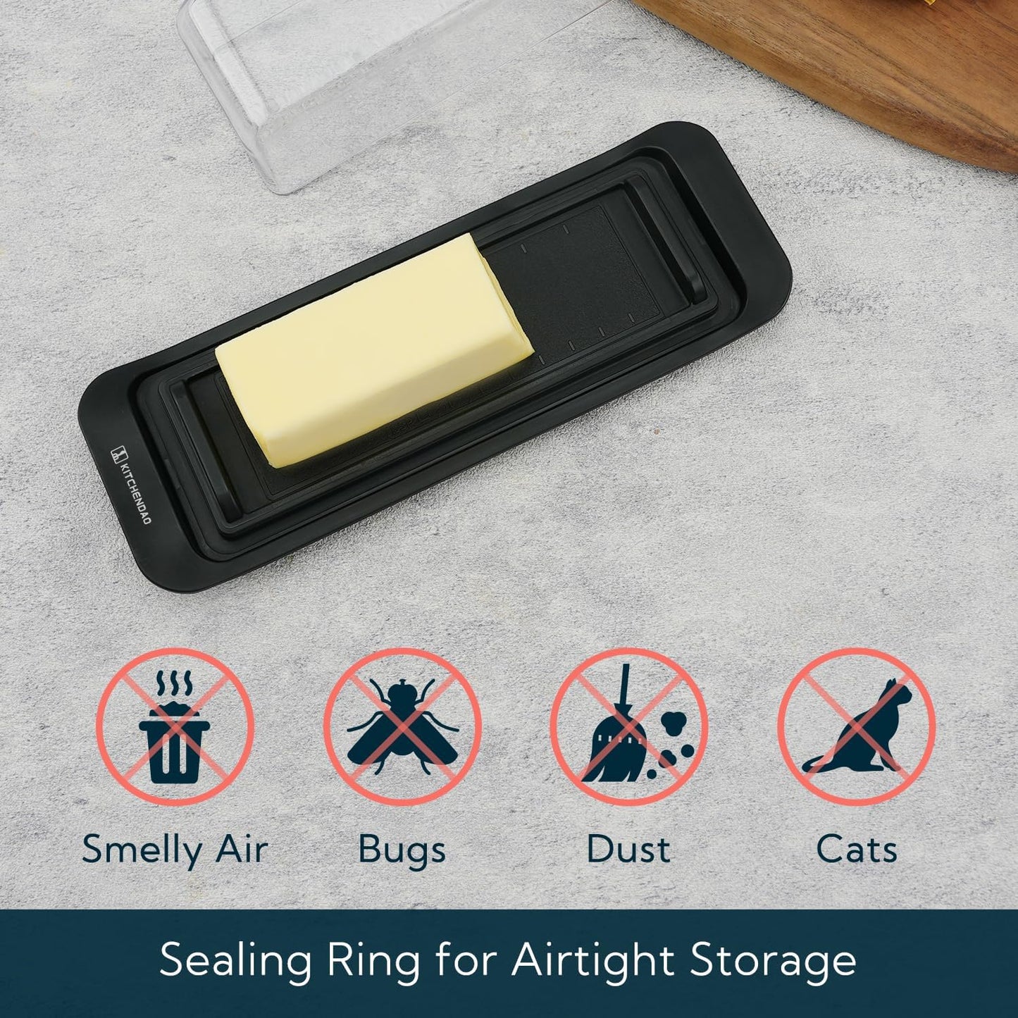 KITCHENDAO Airtight Butter Dish with Lid for Countertop and Refrigerator Door Shelf, Butter Keeper, Plastic Butter Holder Tray Container for West/East Coast Butter, Black