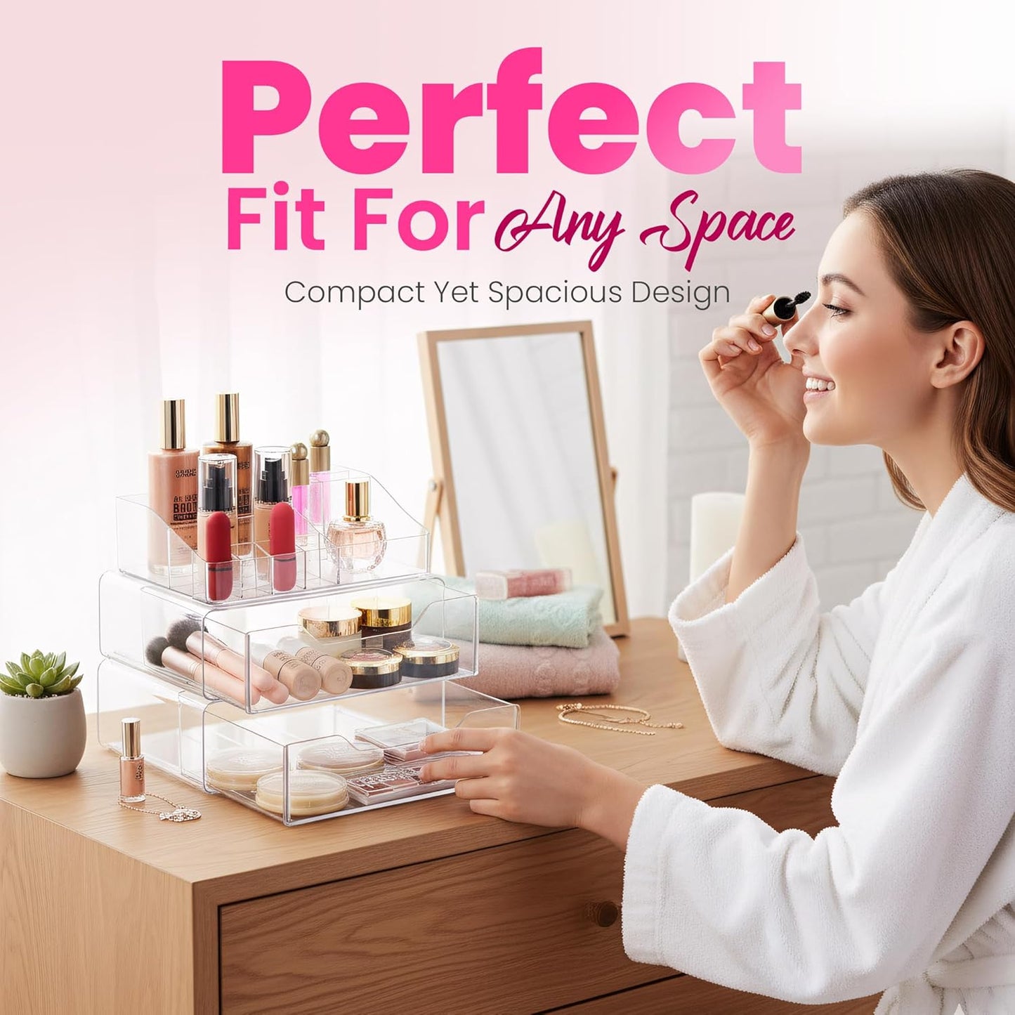 Clear Makeup Organizer - Acrylic Cosmetic Vanity Storage Organizers for Girls Dresser, Bathroom, Desk Counter - Plastic Make Up Holder, Jewelry Box (2-Drawer | Multi Compartments)