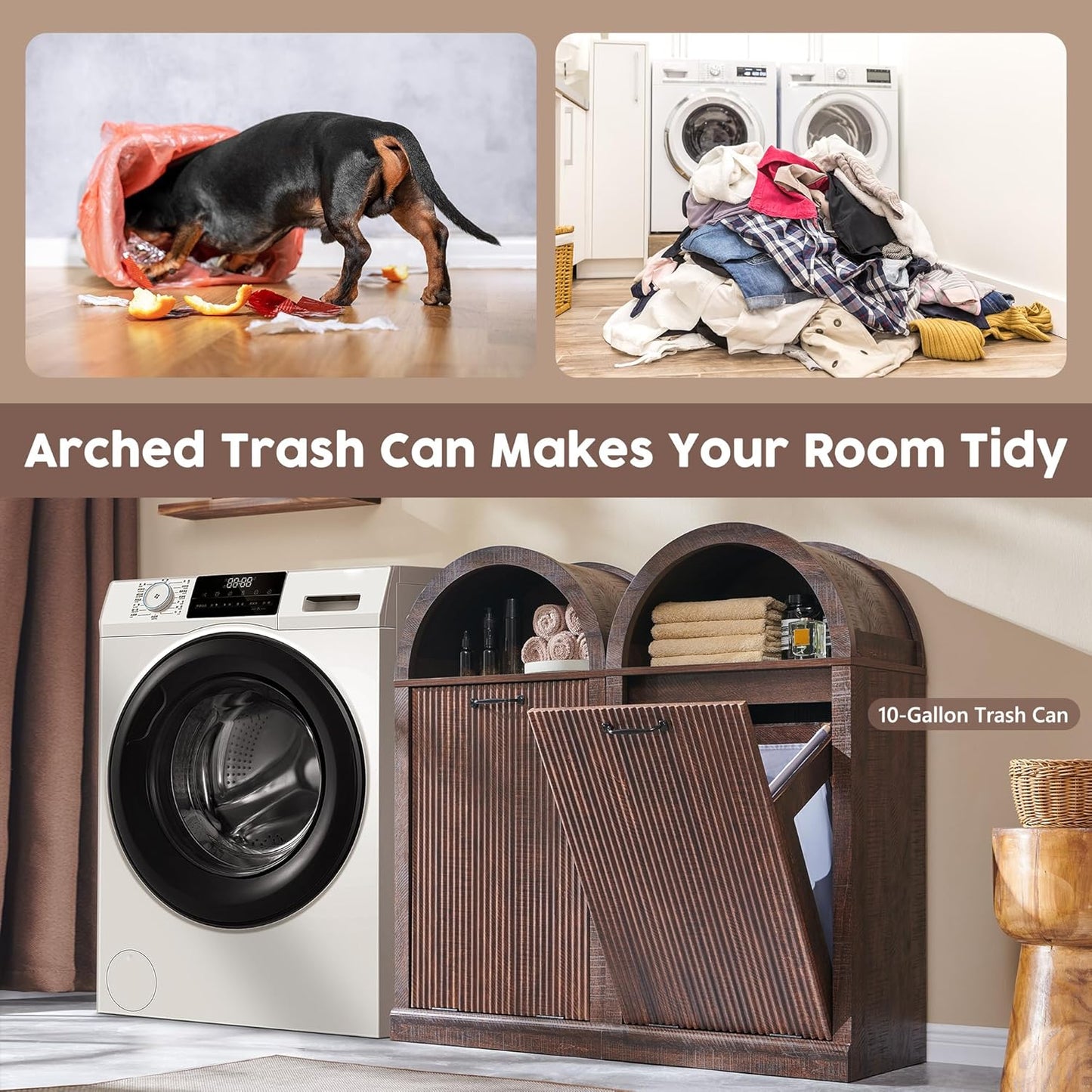 Arch Tilt-Out Trash Can Cabinet, Fluted Kitchen Trash Can 10 Gallon with Open Shelf, Modern Laundry Hamper Cabinet, Hidden Garbage Can with Storage Basket for Living Room, Kitchen Brown