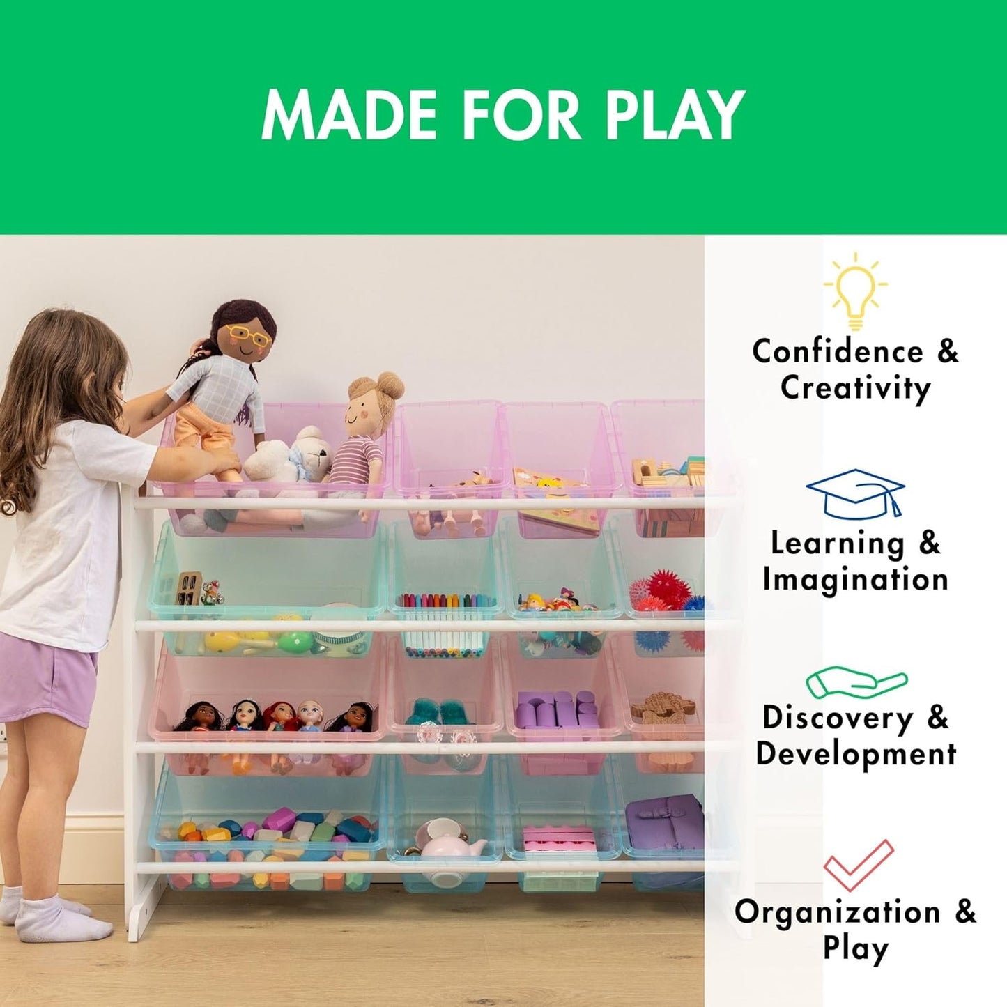 Humble Crew Supersized Toy Storage Organizer with 16 Removable Bins, Unicorn – Large Toy Storage for Toddlers Ideal for Kids' Rooms, Playrooms, and Nurseries - Modern Toy Bins for Kids