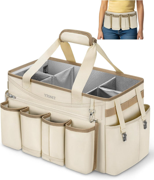 Ytonet Cleaning Caddy Bag with Detachable Apron, Extra Large Cleaning Supplies Organizer with Foldable Dividers, Portable Cleaner Tote with Handle, Cleaner Caddy for Kitchen, Detailing Bag, Apricot