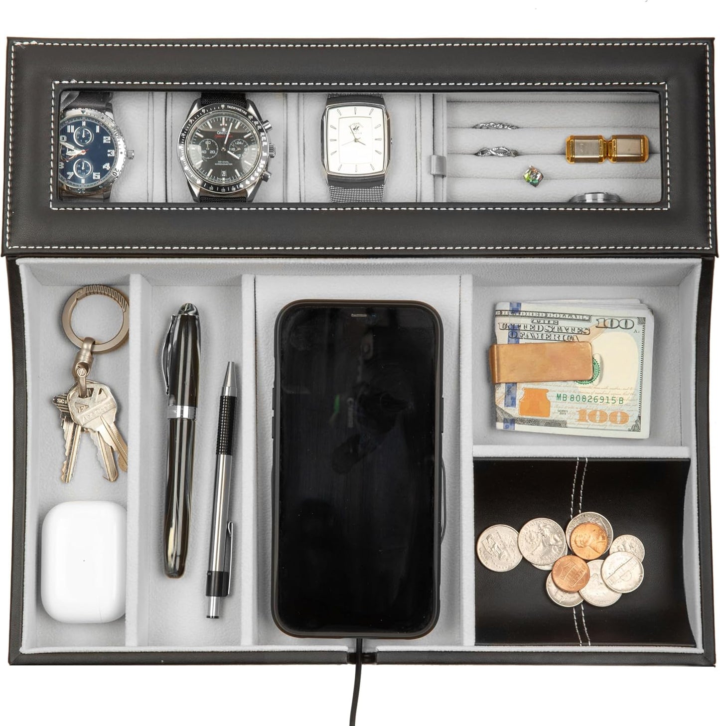 HOUNDSBAY Navigator Large Dresser Valet Tray & Mens Jewelry Box Organizer - Watch Box Organizer for Men with Angled Charging Station (Grey)