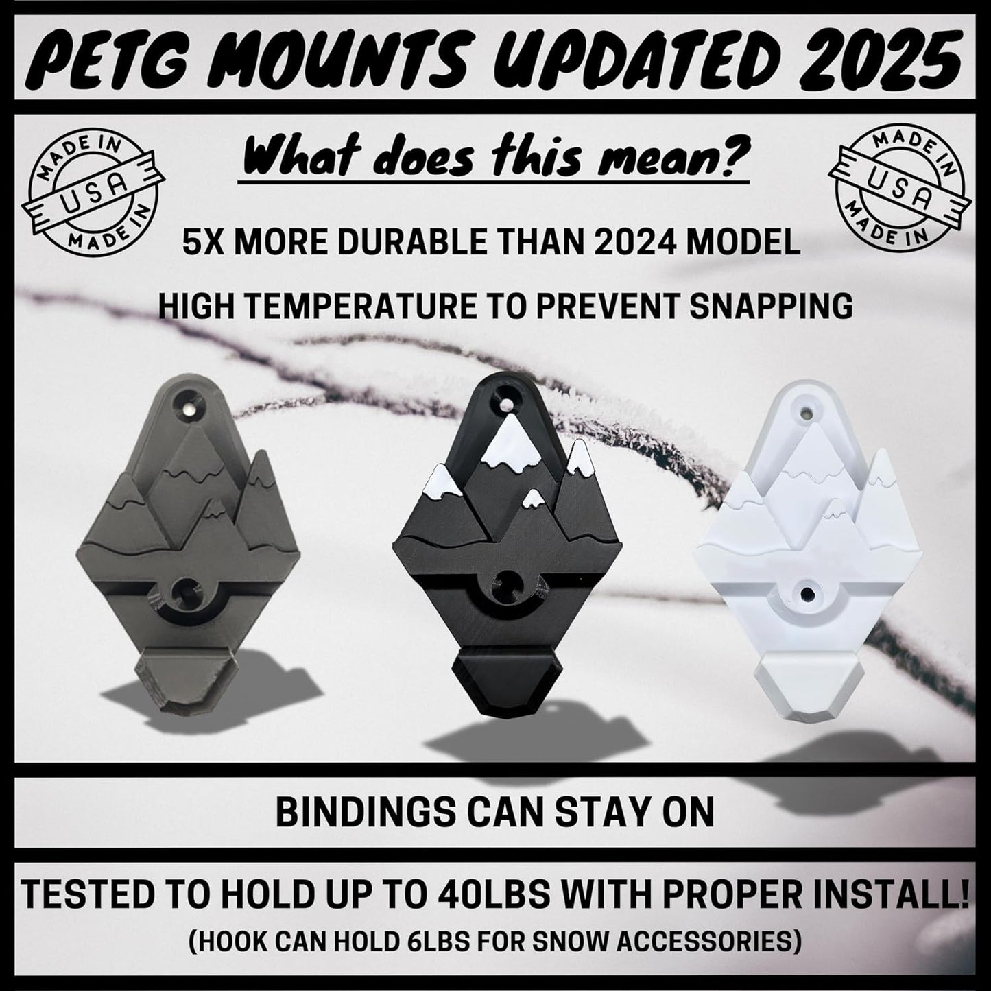 Snowboard Wall Mount with Hooks, Universal Design, Snowboard Rack, Space Saver, Wall Art (Black & White Mountains)