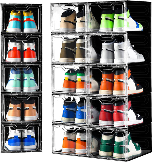 Clemate Upgraded X-Large Shoe Organizer,Shoe Storage Organizer,12 Pack,Shoe Box Clear Plastic Stackable,Drop Front Shoe Box with Clear Door, Shoe Containers For Sneaker Display,Fit up to US Size12