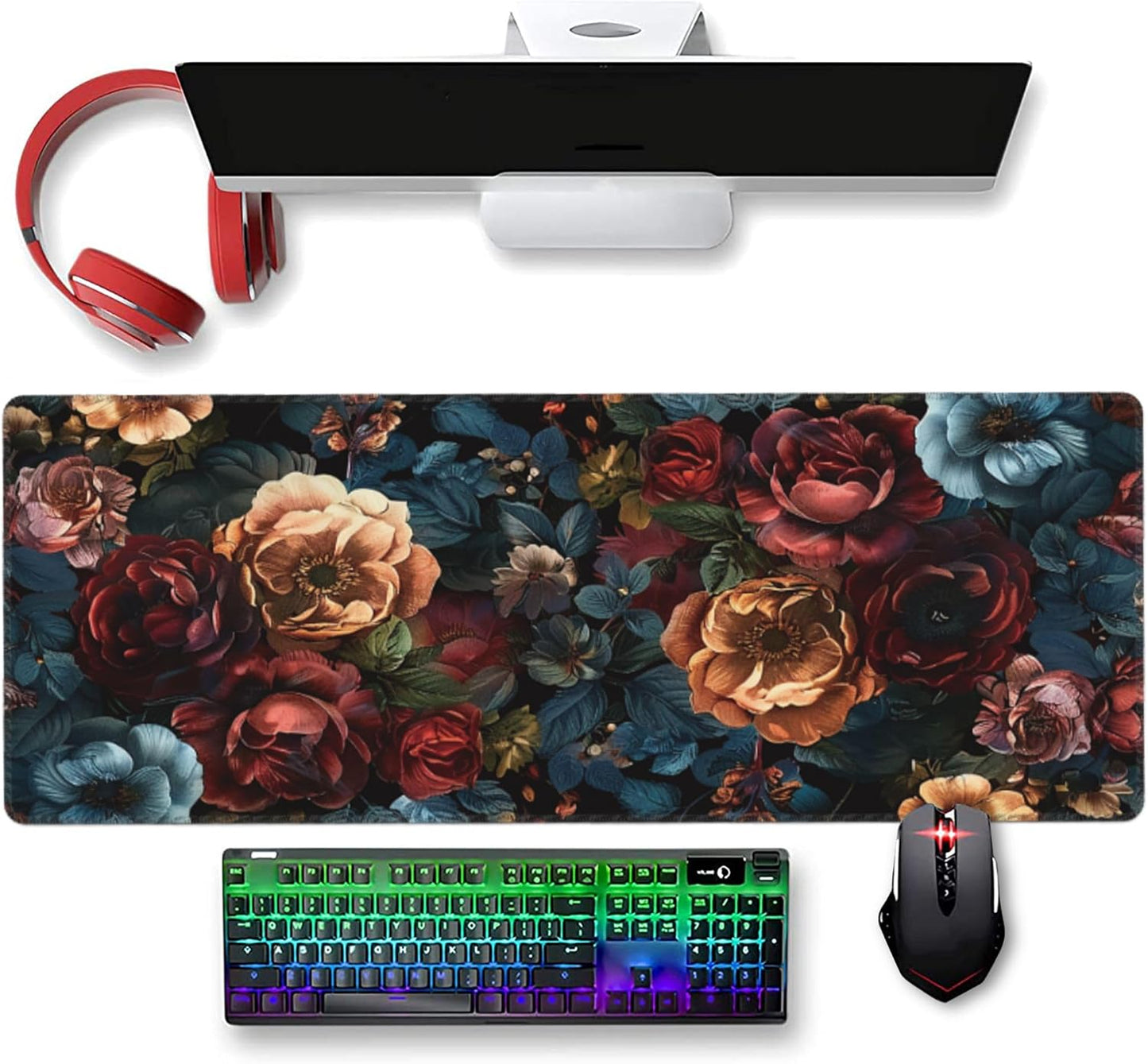 31.5”x11.8”Large Gaming Mouse Pad for Desk, Mouse Mat with Seamed Edges, Waterproof Desk Pad, Non-Slip Rubber Base, Keyboard Pad Computer Mat, Big XL Mousepad-Vintage Chic Rose Flowers