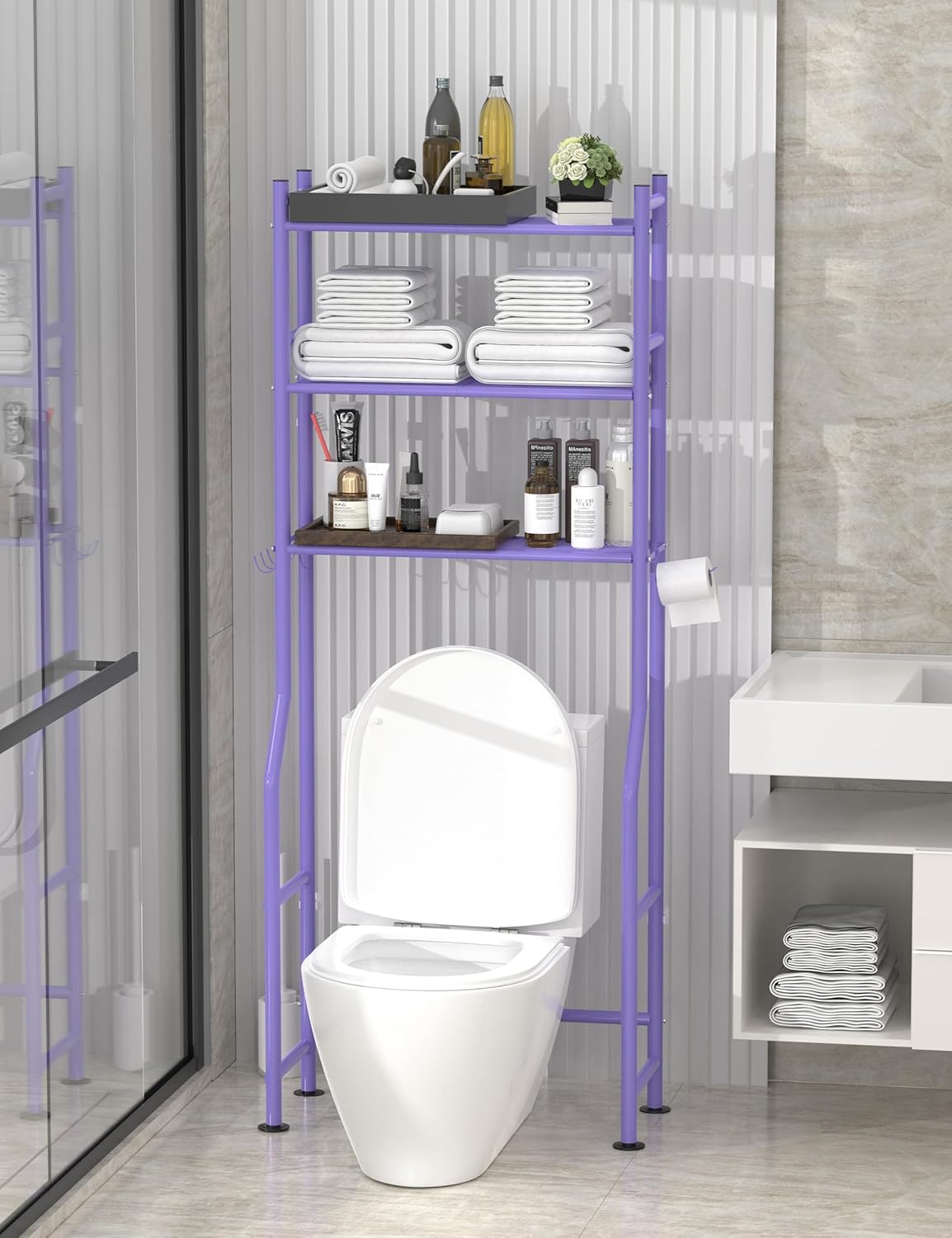 3-Tier Over The Toilet Storage, Freestanding Metal Bathroom Shelves with 4 Hooks, Over Toilet Storage Shelf with Paper Holder, Above The Toilet Shelf for Bathroom Storage, Purple
