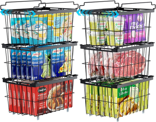 iSPECLE Freezer Organizer Bins - Fit 5 to 9 Cu.Ft, 6 Pack Adjustable & Extra Large Chest Freezer Organizer Bins for Deep Freezer, Easy Organize Basket Store More, Stackable No Wasted Space, Black