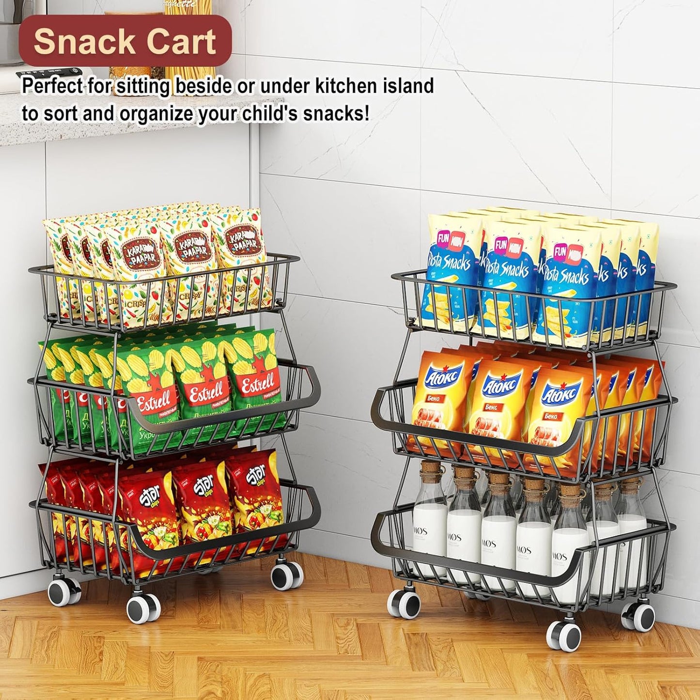 3-Tier Rolling Pantry Cart with Wheels, Stackable Wire Storage Floor Organizer for Kitchen Pantry Snack Shelves, Fruit Basket Stand, Vegetable Storage Rack for Food Snacks Onion Potato, Black, 2 Pack