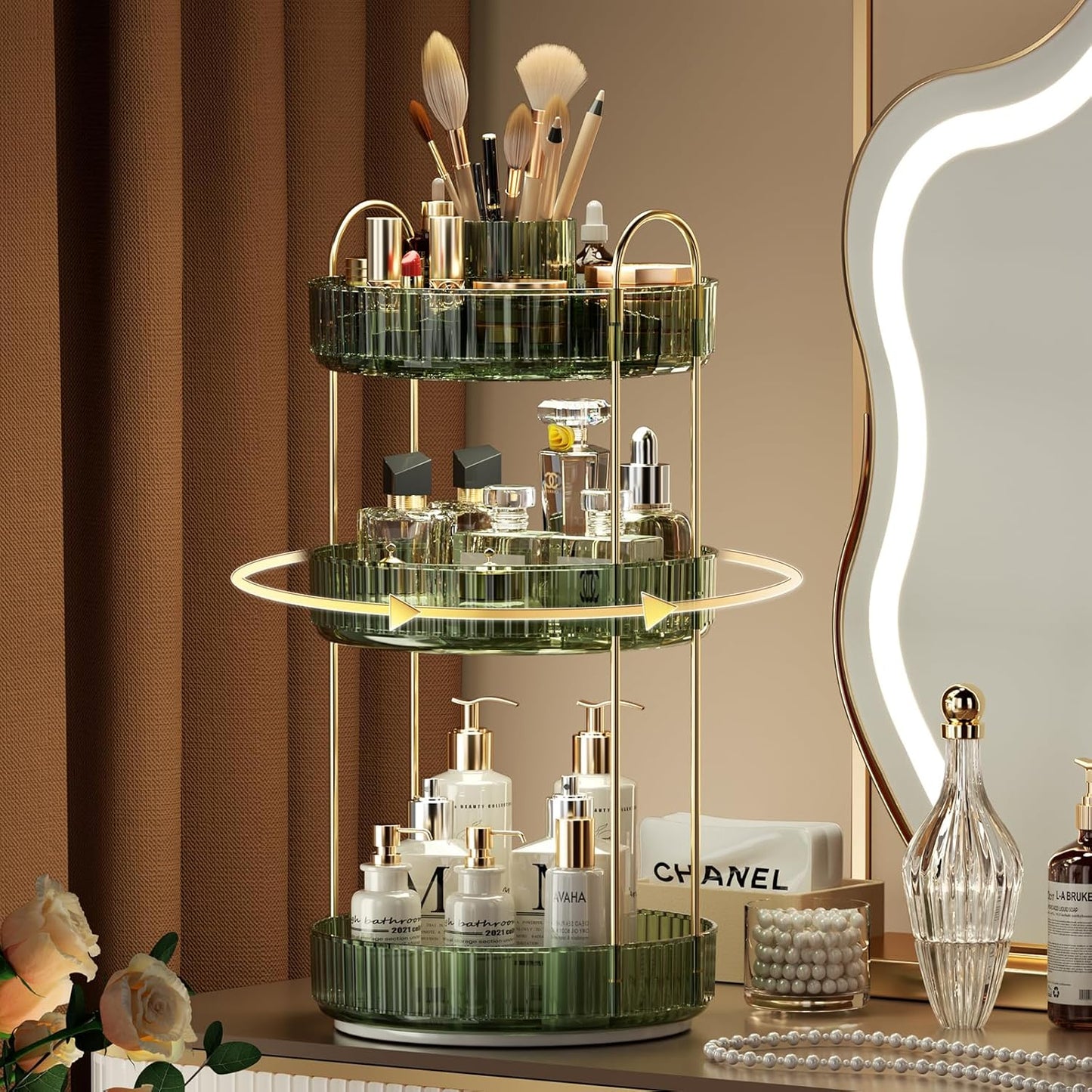 YCIA&DONE Rotating Makeup Organizer for Vanity, Large Capacity Make Up Storage Skin Care Shelf Perfume Holders Cosmetic Dresser Organizer Countertop Spinning 360 (Vintage Green, 3Tiers)