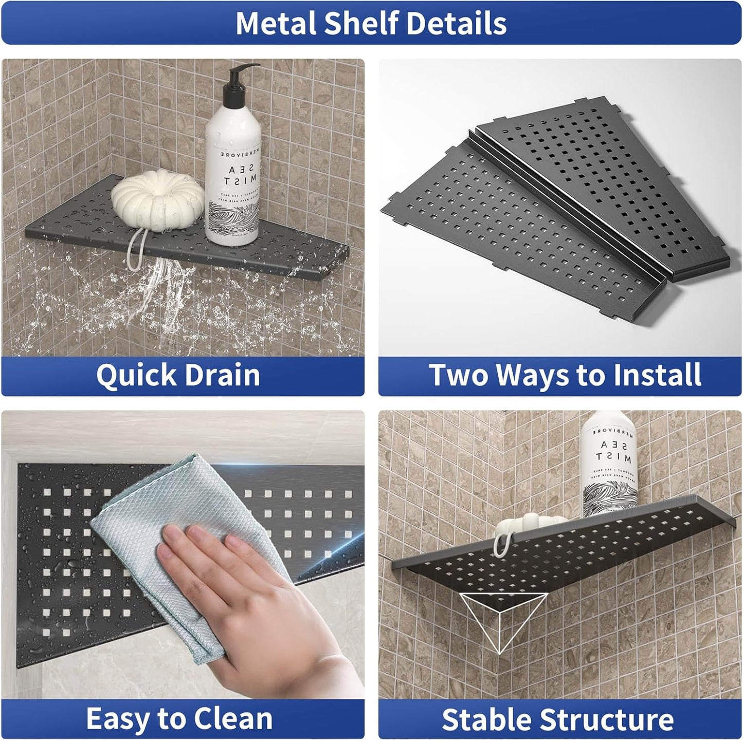 Corner Shower Shelf, 12" Trapezoid Grout in Shelf 304 Stainless Steel Grid Design Recessed Bathroom Shelf for Tiled Wall (Gunmetal, 12"-2 Pack)