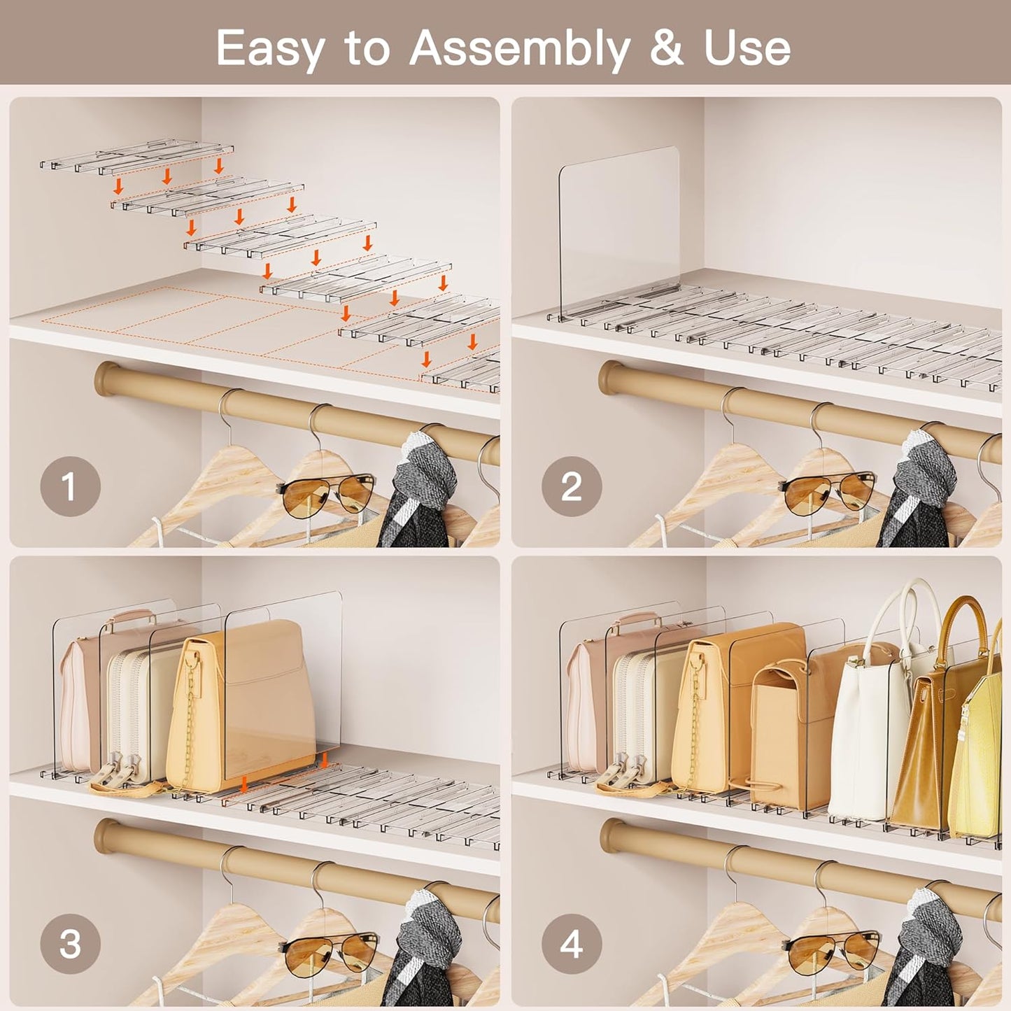 Criusia Adjustable Closet Purse Organizer Rack – 28.8" Extra-Long Shelf Divider with 12 Base Panels & 16 Dividers – Non-Slip Handbag Holder for Bags, Clothes, Kitchen, Office