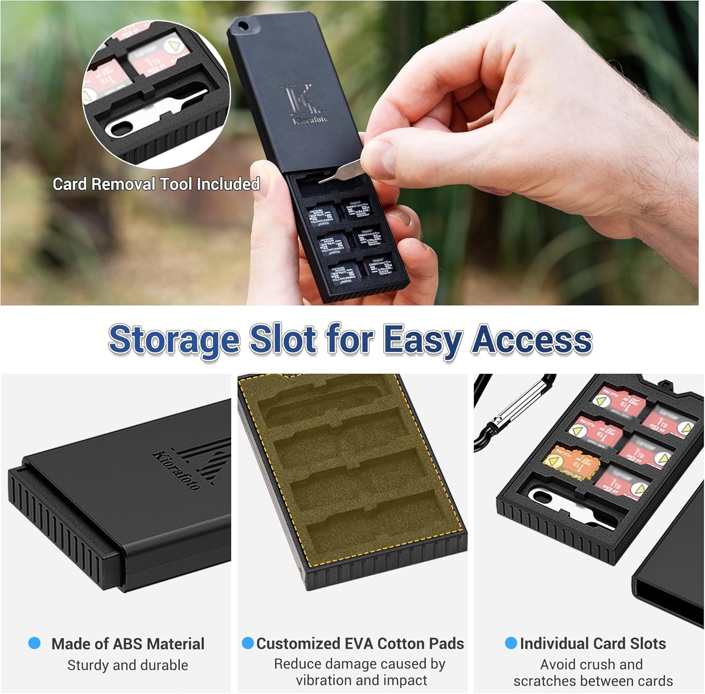 Pop-up Small TF Memory Card Case Holder for 8 TF MSD Cards with Carabiner, Portable Anti-Shock Splash-Proof MicroSD Card Case Storage Protector Organizer Keeper Container, Card Remove Tool Included