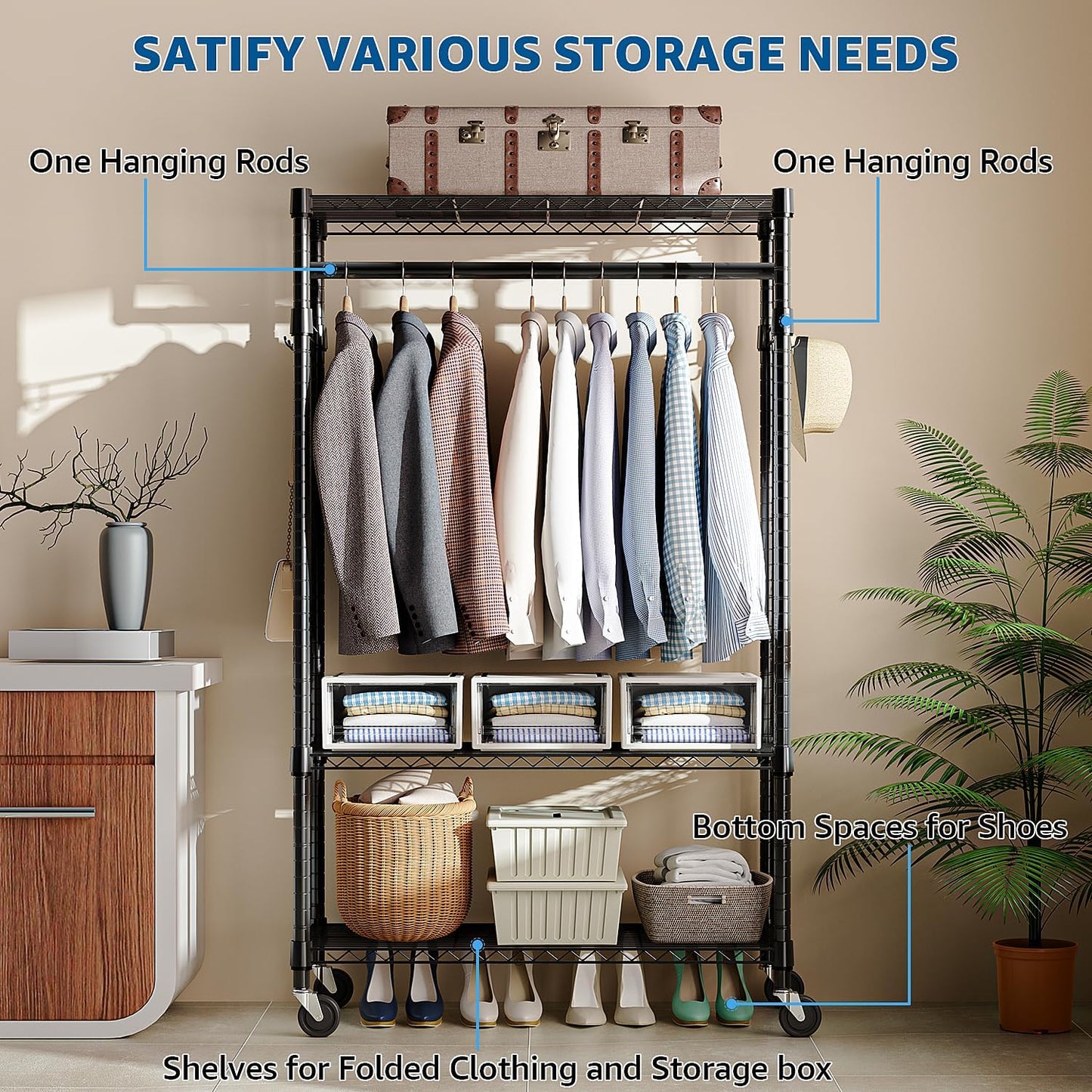 Heavy Duty Rolling Garment Rack 3 Tiers Adjustable Wire Shelving Clothes Rack with Rods and Side Hooks,Storage Closet Clothing Rack with Wheels Black 15.7" D x 29.5" W x 74.5" H