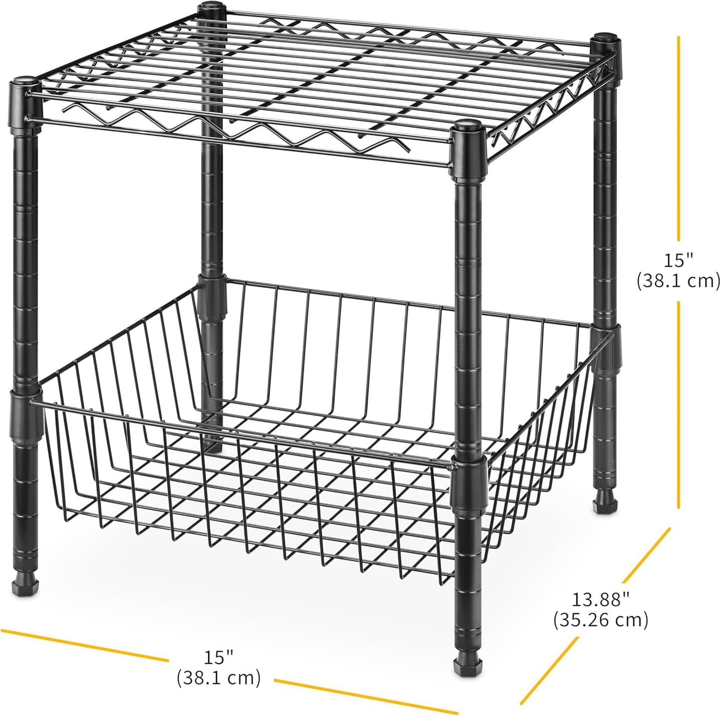 Whitmor 2 Tier Metal Storage Shelves, Heavy Duty Shelf with Basket, 350 lbs Capacity per Shelf, 700 lbs Total, Home Organizer for Kitchen, Garage, Bathroom, 15" L x 14" W x 15" H, Black