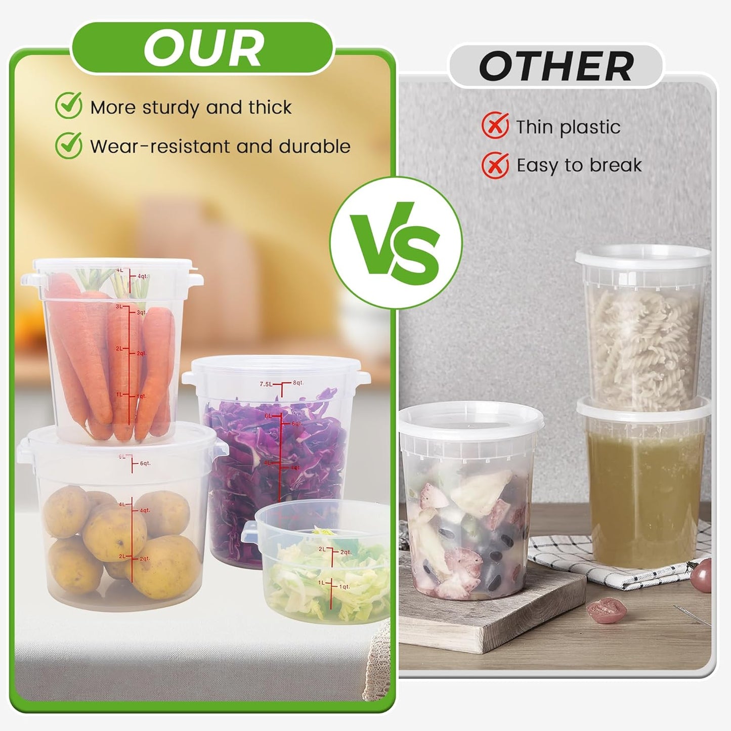 4 Pack Round Food Storage Containers with Lids, 4Qt Translucent Commercial Food Container, Polypropylene, BPA Free, Includes Labels & Measuring Cups