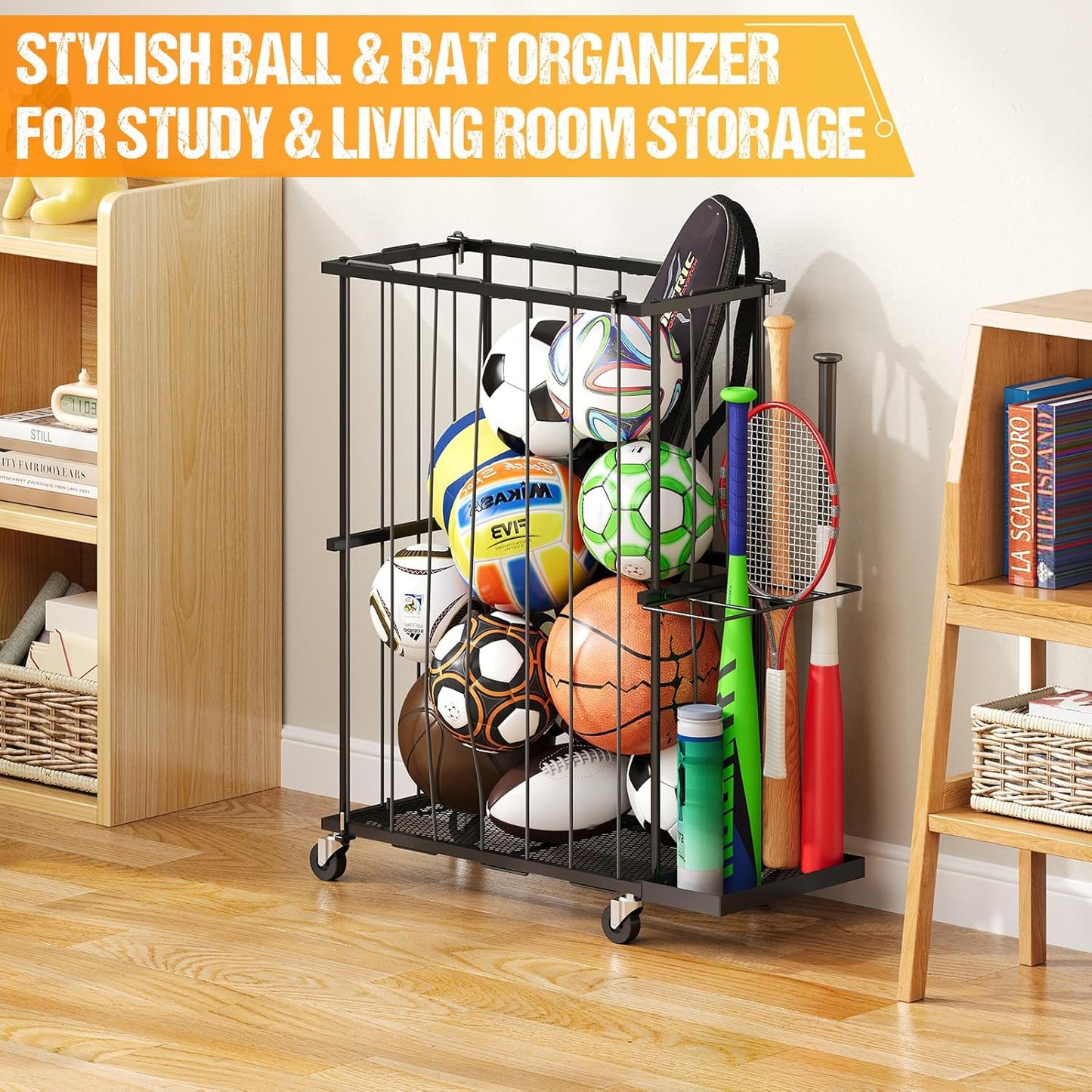 Garage Ball Storage With Baseball & Badminton Holder: Floor Sports Equipment Organizer, Sports Ball Rack With Elastic Rope, Ball Holder for Basketball, Soccer, Volleyball, Football, Garage, Gym, Black
